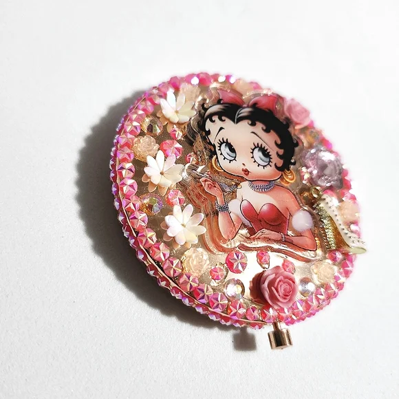 Betty Boop Pocket Hand Held Makeup Mirror Bling Rhinestone Custom Jeweled Pink - Picture 2 of 5